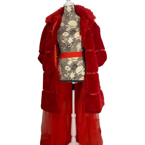Red Faux Fur Long Coat + Sheer Tulle Open Skirt Overlay For Women Size XL - Picture 2 of 7